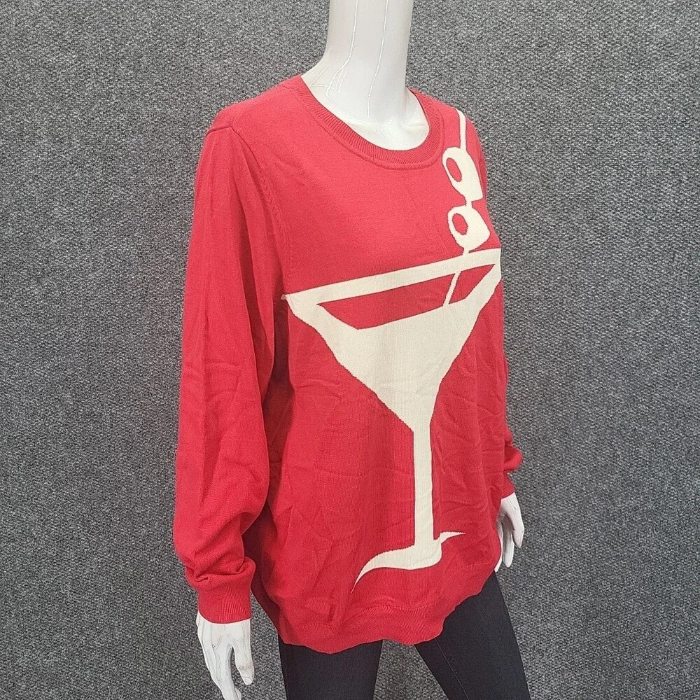 Studio Park Alberti Popaj Women Martini Print Pullover Sweater 1X Plus Size Red